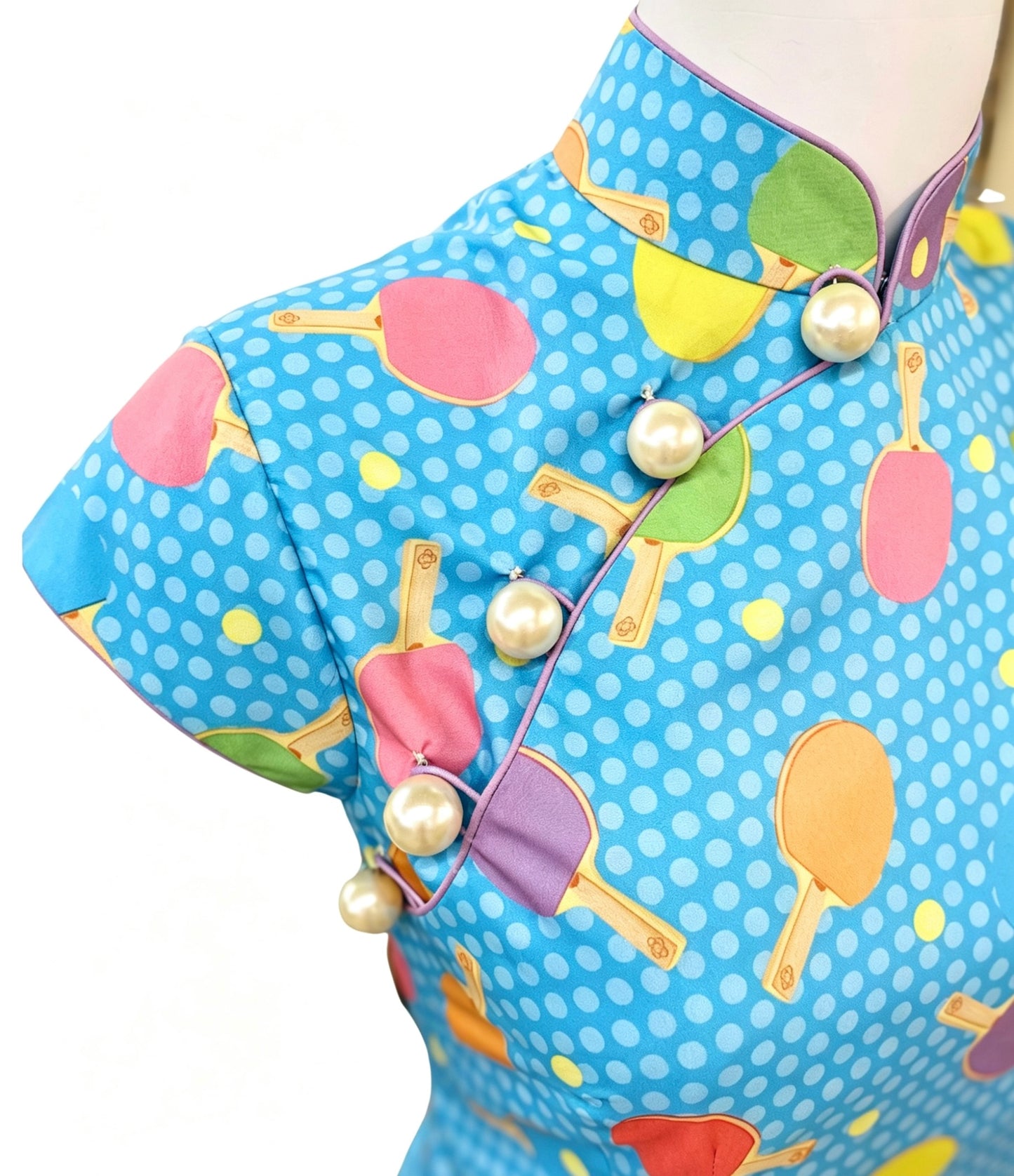 Blue Ping Pong Print Cap Sleeve Cheongsam