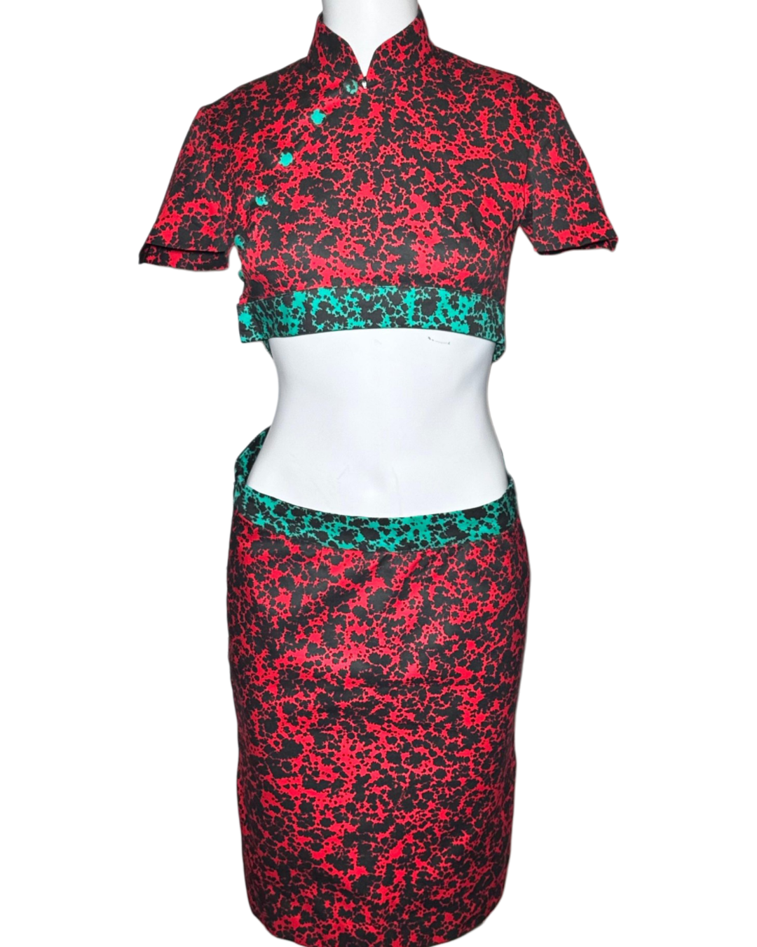 Red and Green Abstract Print Crisscross Back Cutout Cheongsam Dress