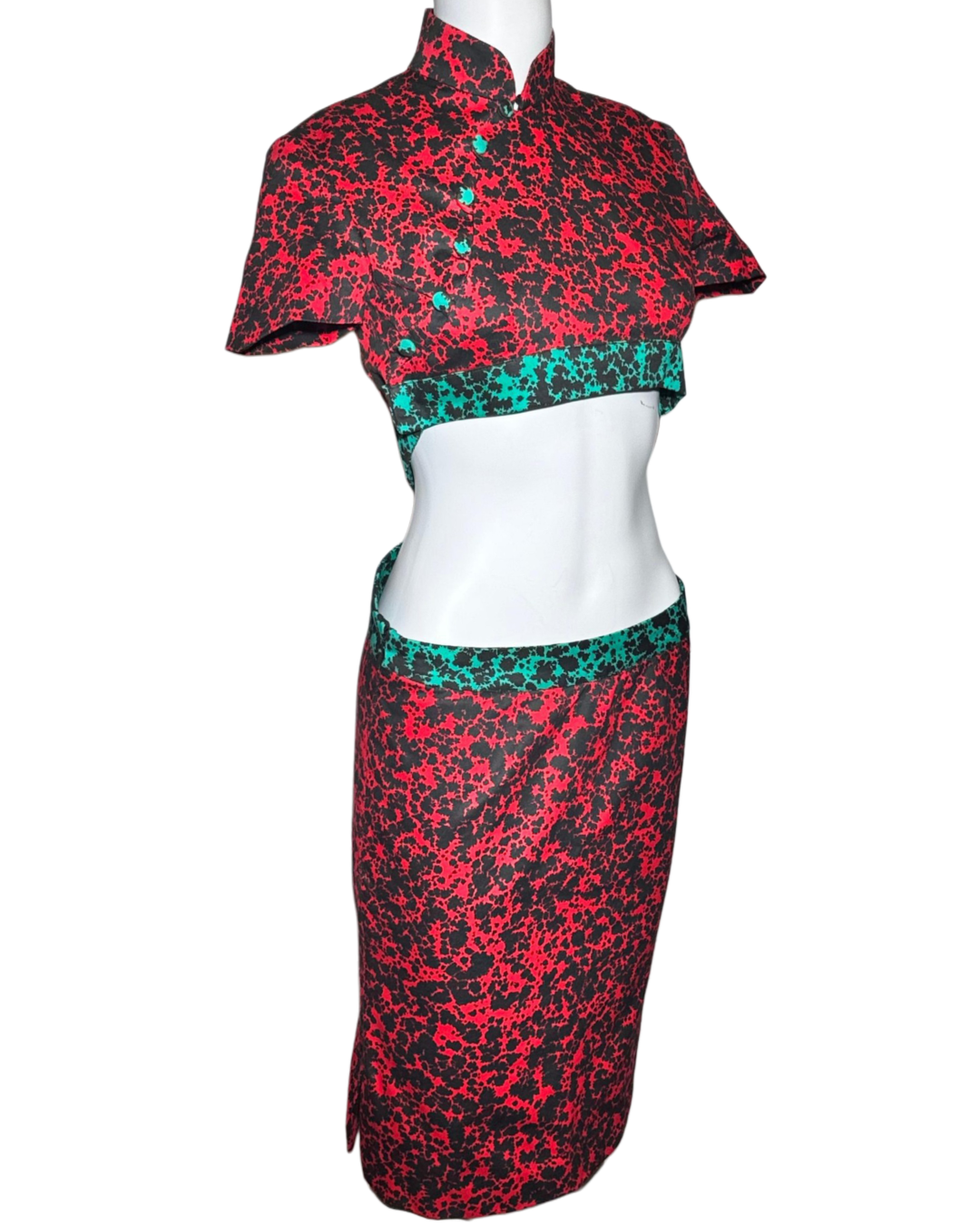 Red and Green Abstract Print Crisscross Back Cutout Cheongsam Dress