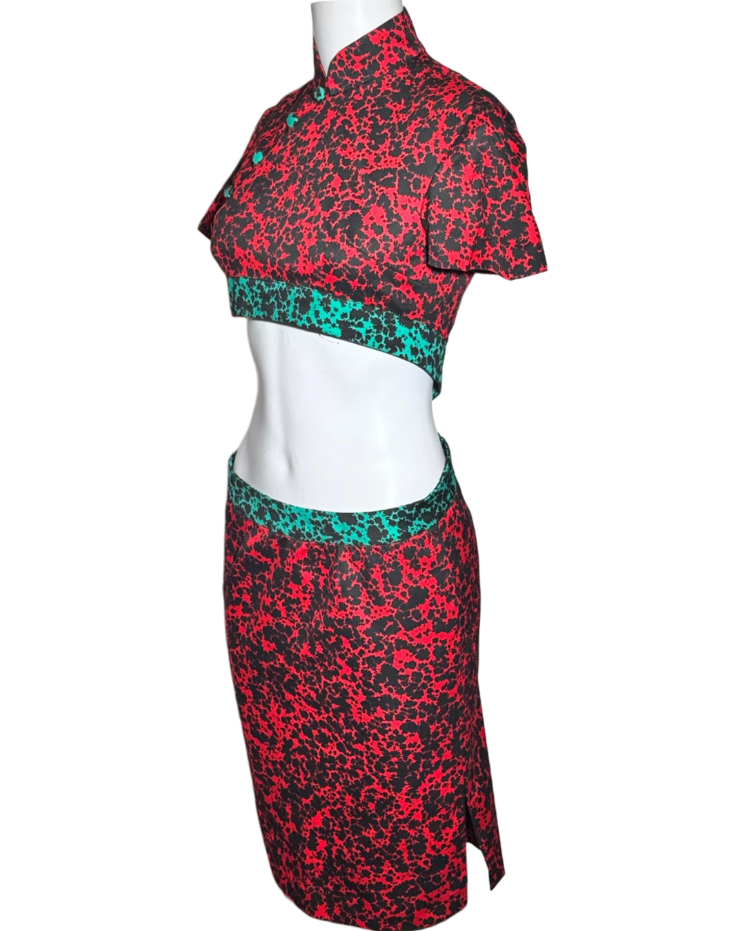 Red and Green Abstract Print Crisscross Back Cutout Cheongsam Dress