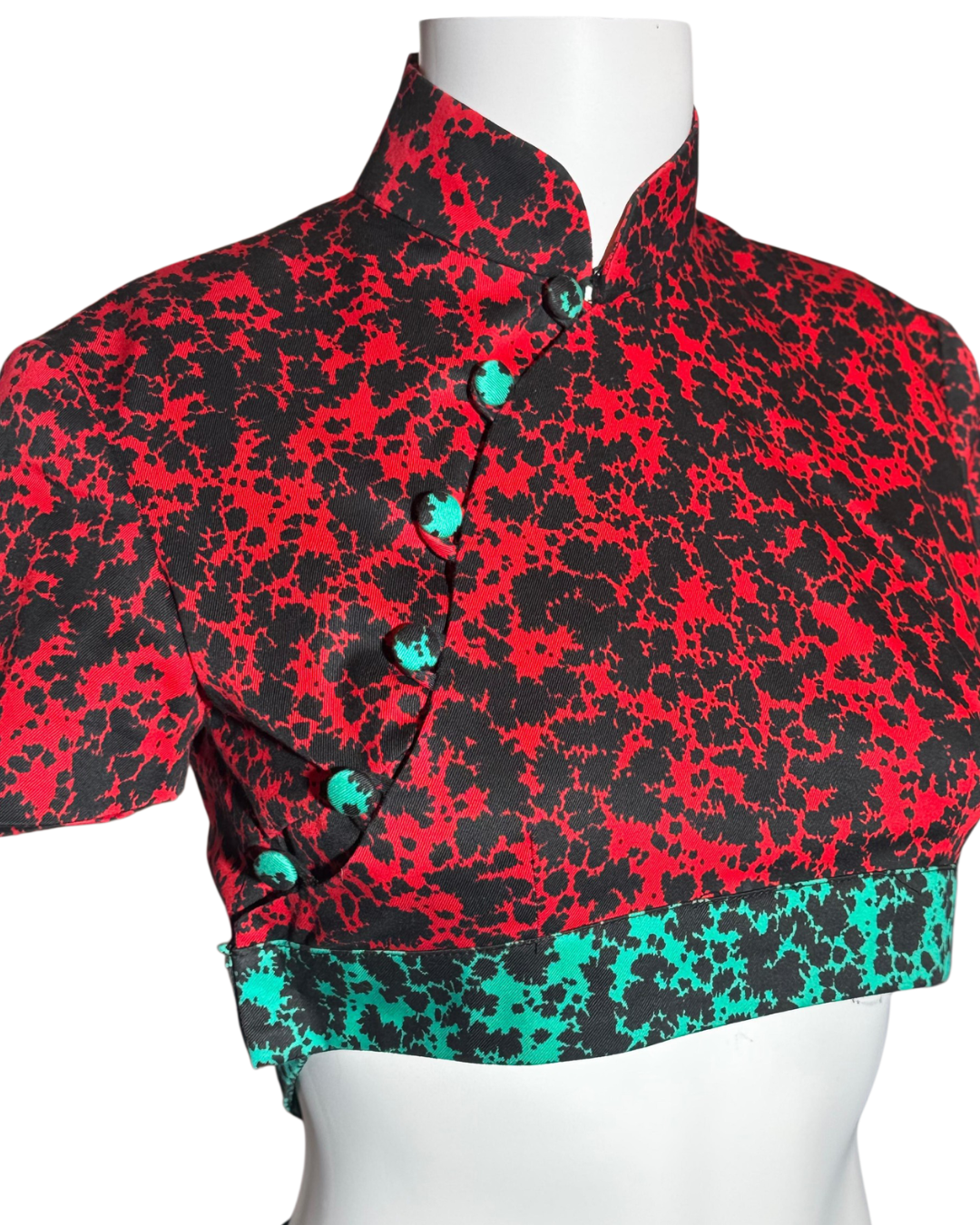 Red and Green Abstract Print Crisscross Back Cutout Cheongsam Dress