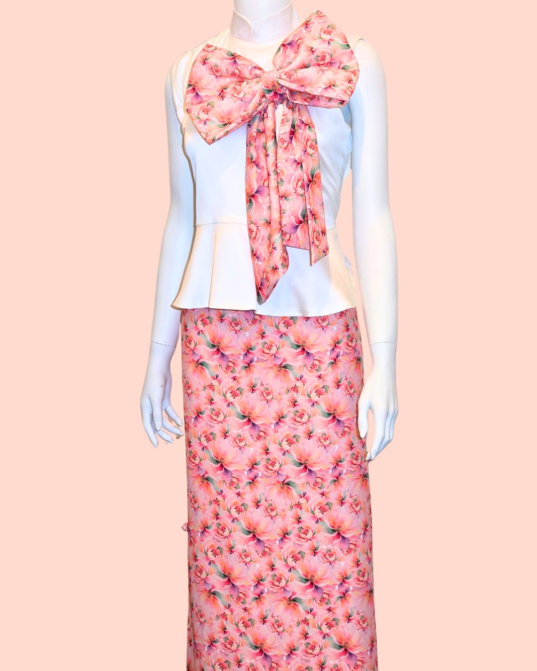 White Peplum Top with Peach Floral Print + Medi Skirt (Set)