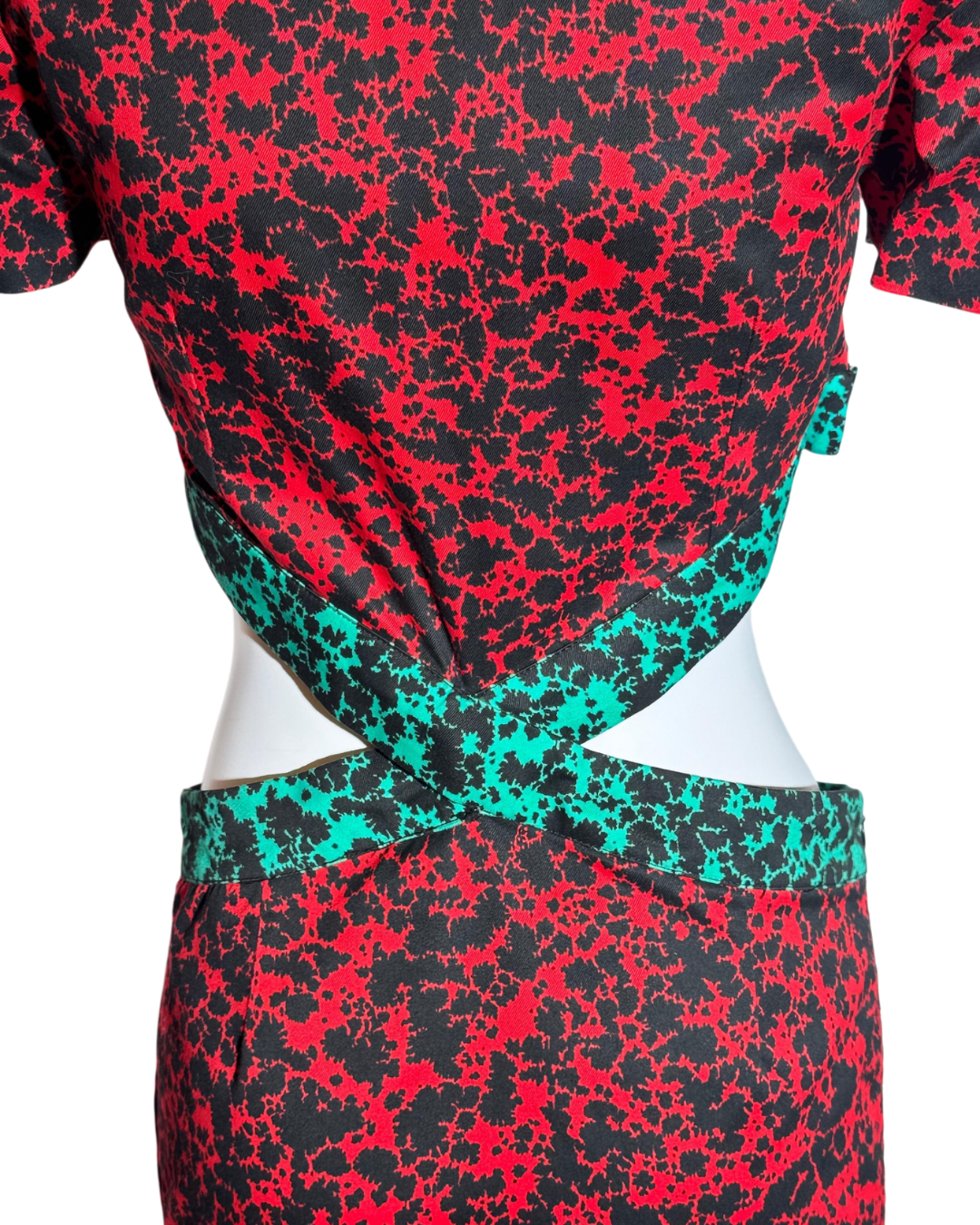 Red and Green Abstract Print Crisscross Back Cutout Cheongsam Dress