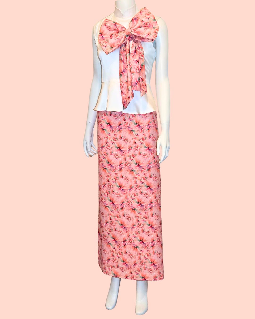 White Peplum Top with Peach Floral Print + Medi Skirt (Set)