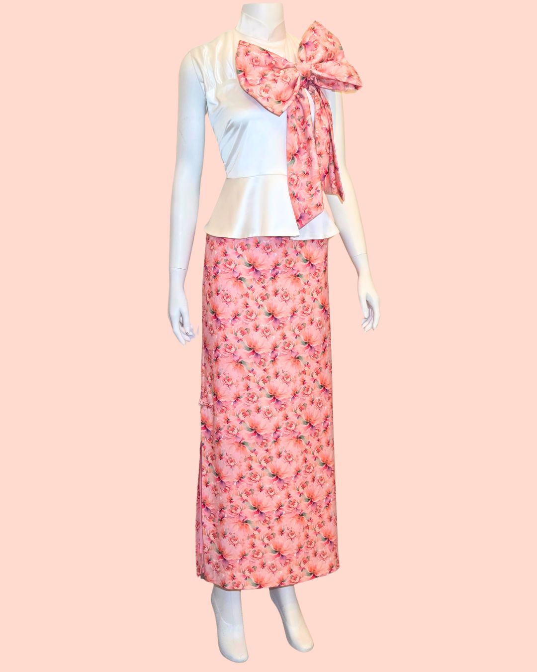 White Peplum Top with Peach Floral Print + Medi Skirt (Set)
