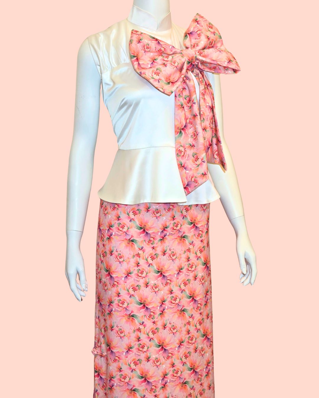 White Peplum Top with Peach Floral Print + Medi Skirt (Set)