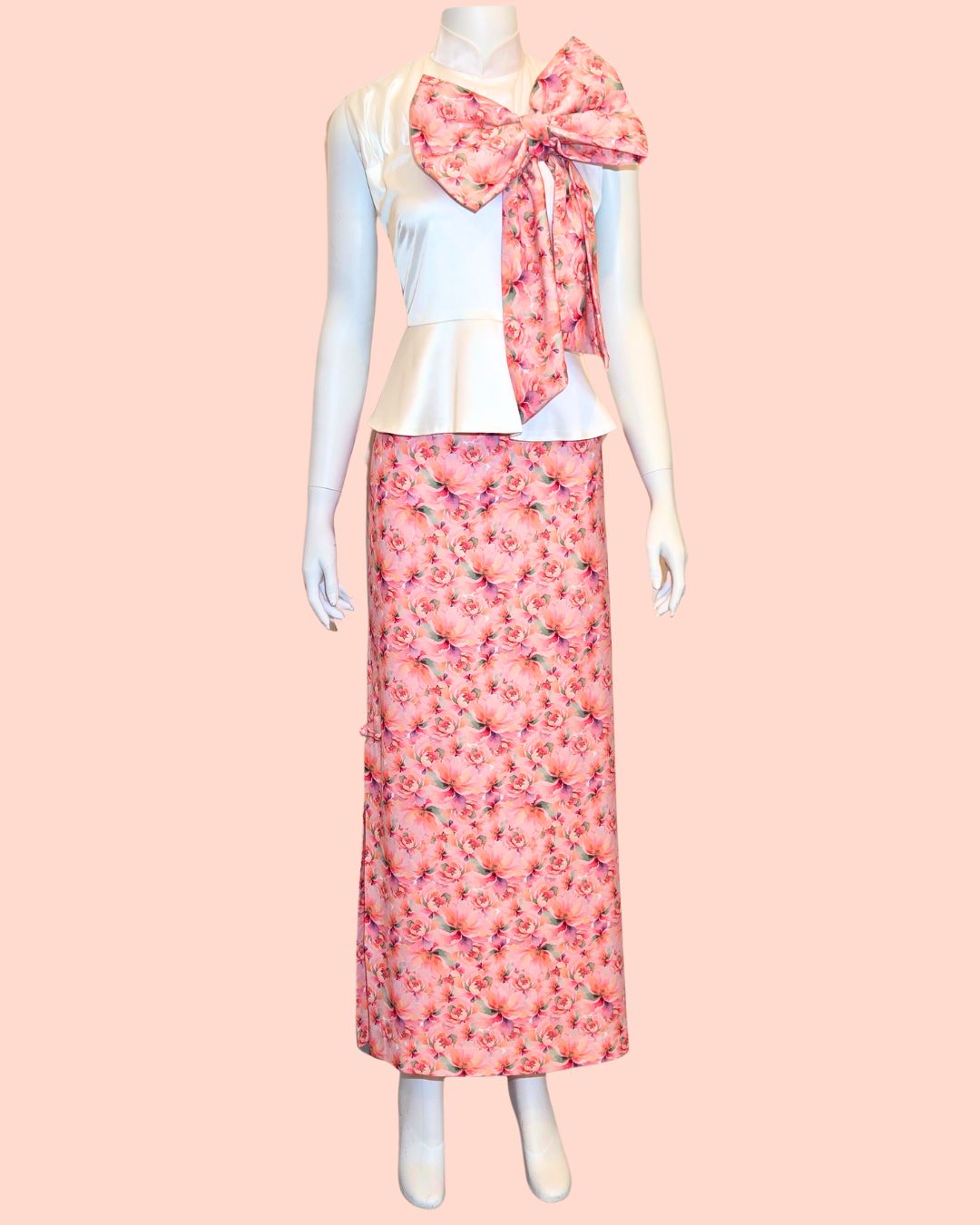 White Peplum Top with Peach Floral Print + Medi Skirt (Set)