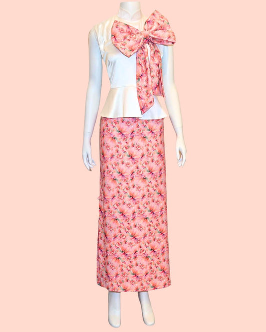 White Peplum Top with Peach Floral Print + Medi Skirt (Set)