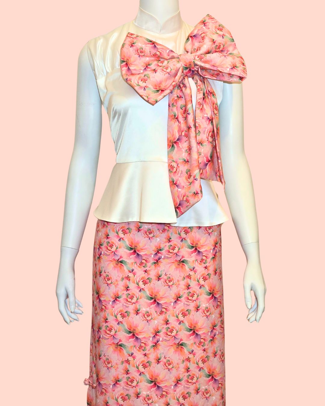 White Peplum Top with Peach Floral Print + Medi Skirt (Set)