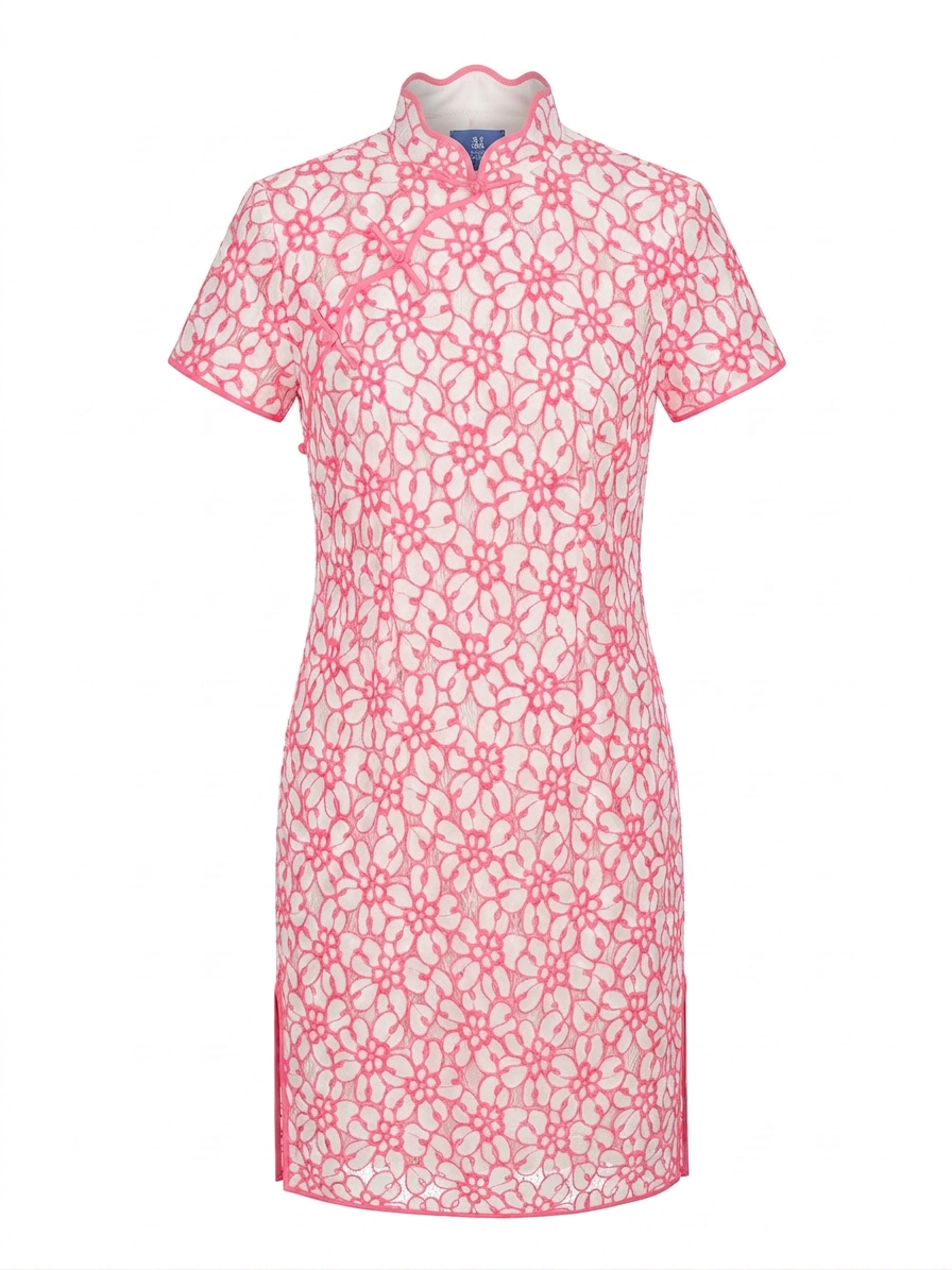 Neon Pink Floral Curvy Collar Cheongsam