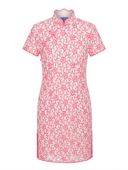 Neon Pink Floral Curvy Collar Cheongsam