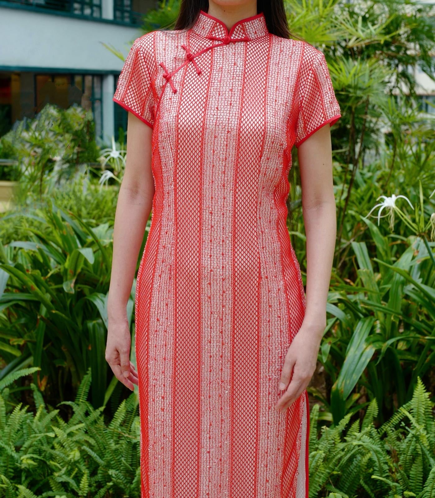 Crimson Net-Overlay Cheongsam