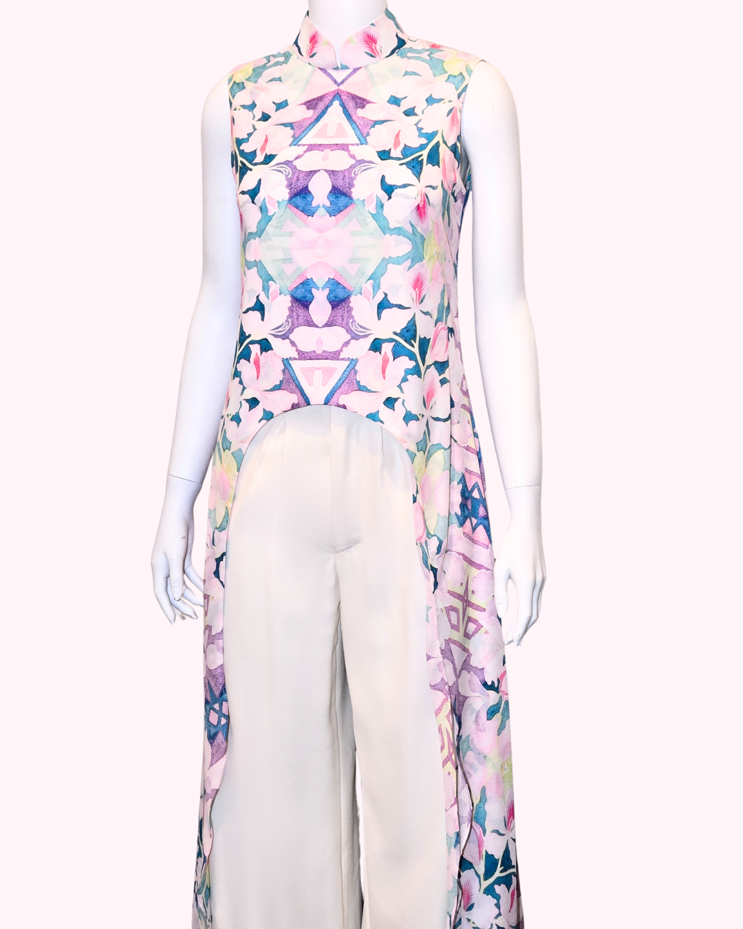 Floral Crepe Low-High Cheongsam Cape + White Mandarin Collar Trousers (Set)