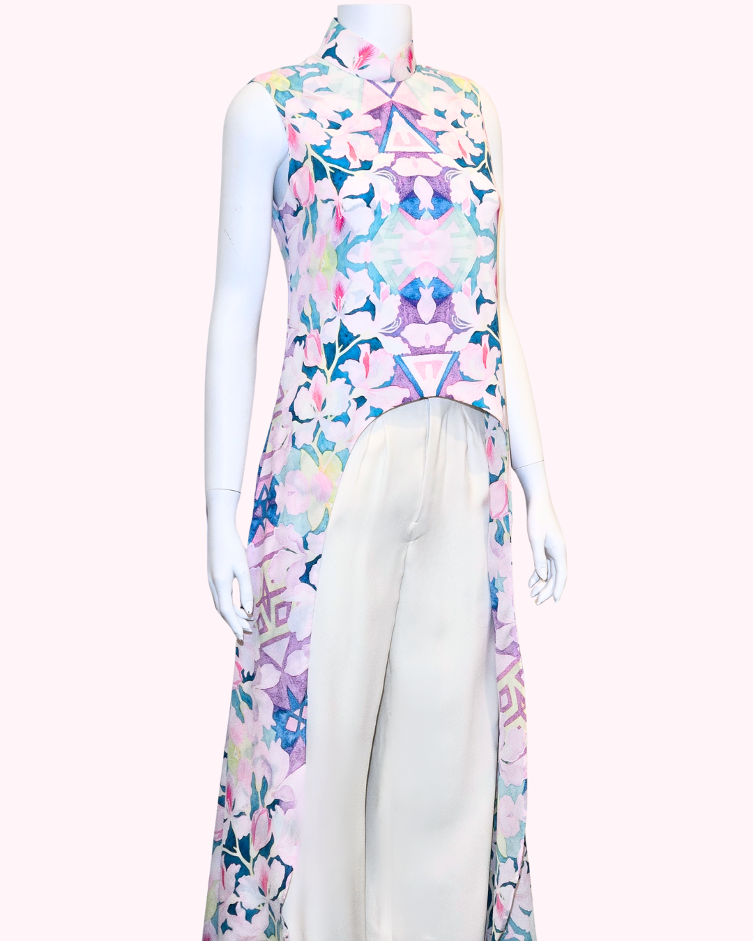 Floral Crepe Low-High Cheongsam Cape + White Mandarin Collar Trousers (Set)