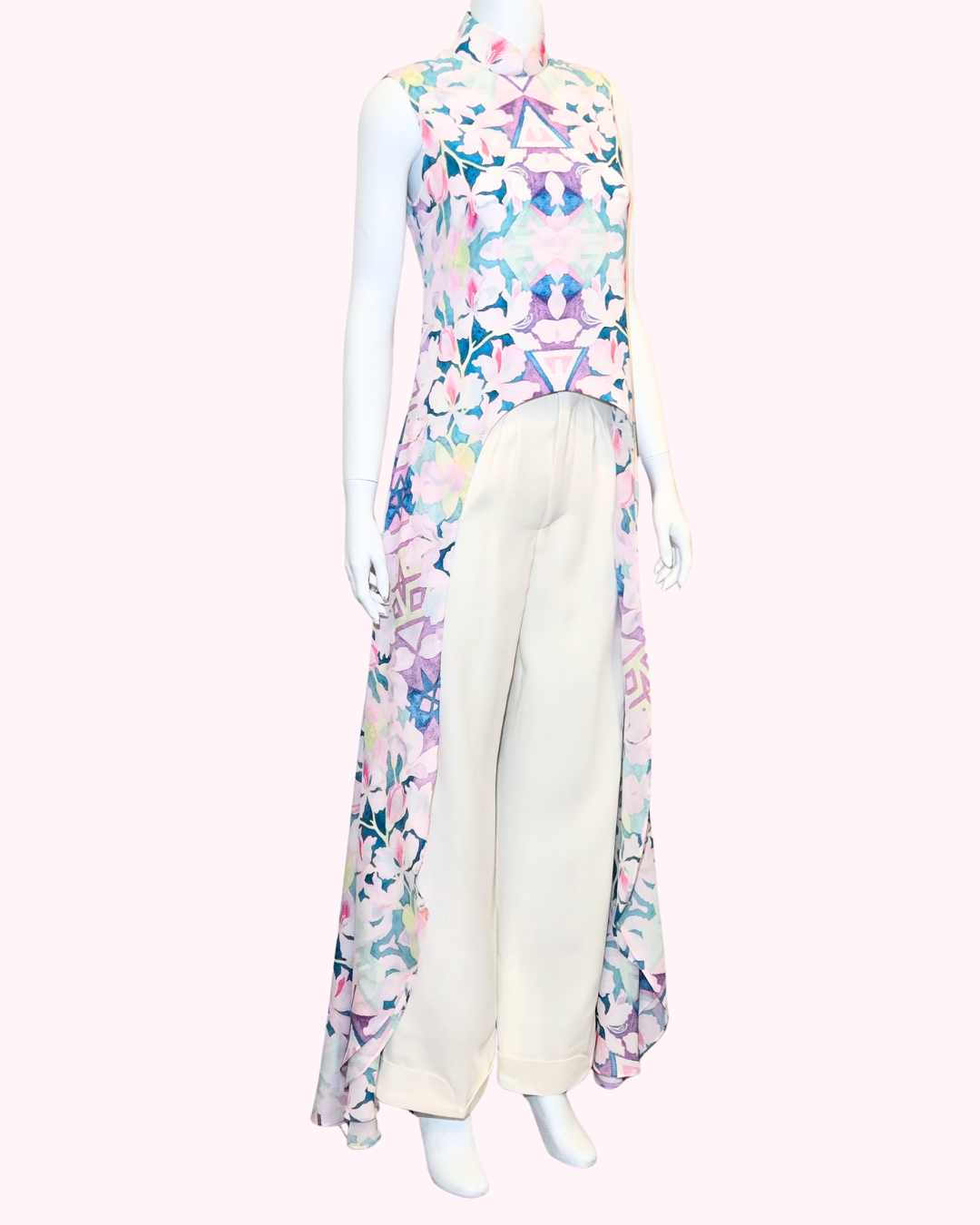 Floral Crepe Low-High Cheongsam Cape + White Mandarin Collar Trousers (Set)