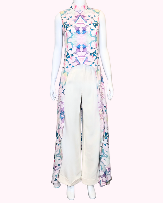 Floral Crepe Low-High Cheongsam Cape + White Mandarin Collar Trousers (Set)