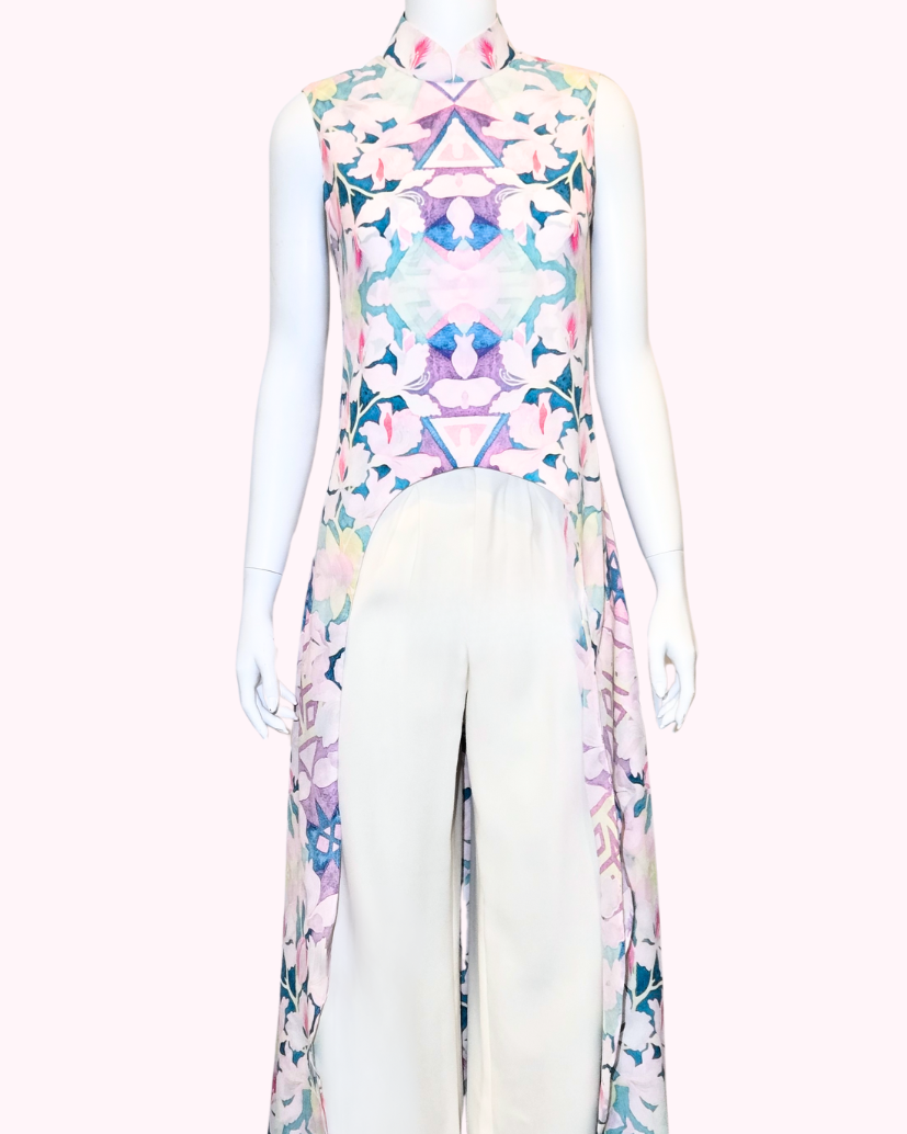 Floral Crepe Low-High Cheongsam Cape + White Mandarin Collar Trousers (Set)