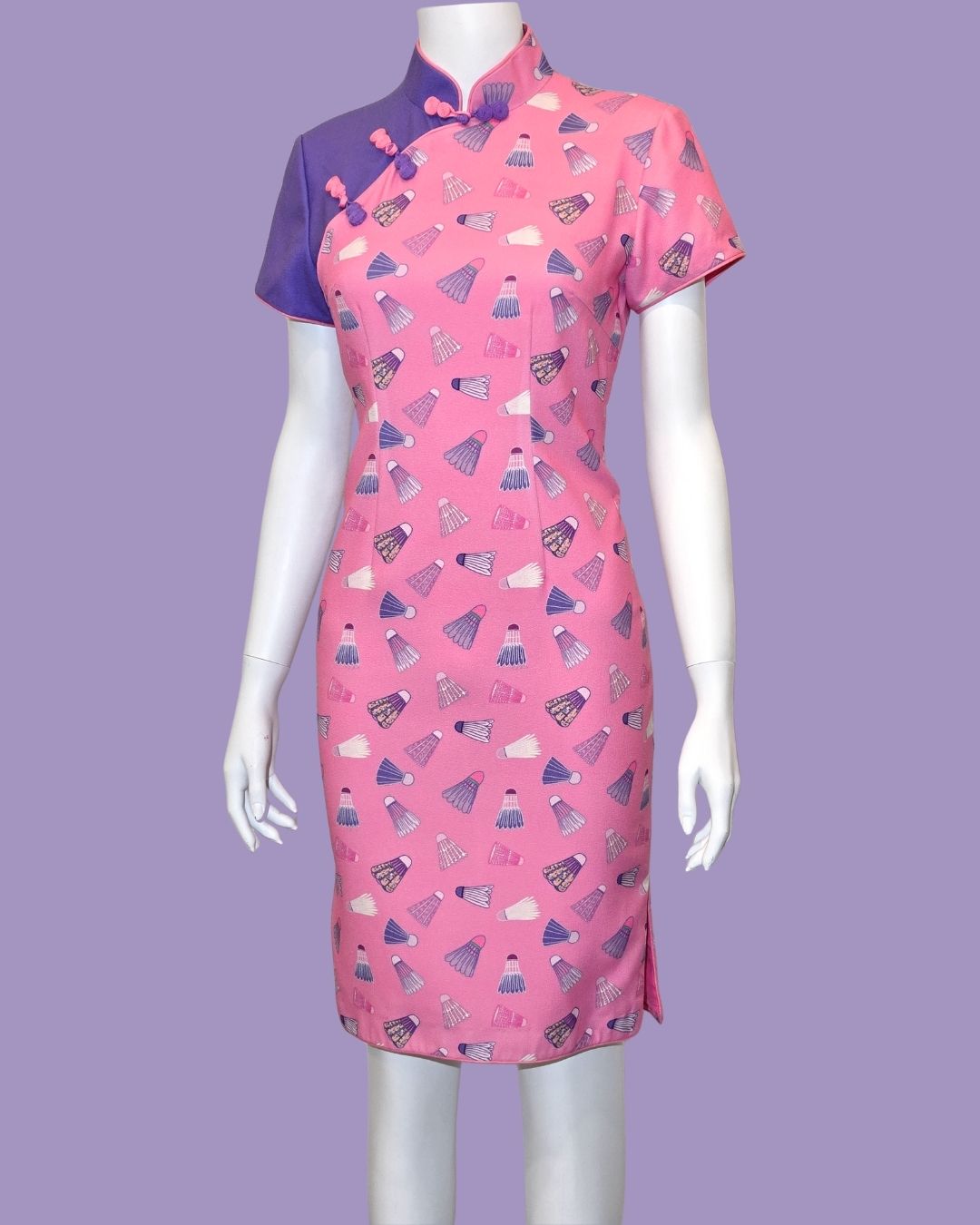 Pink Badminton with Purple Sleeve Panel Cheongsam