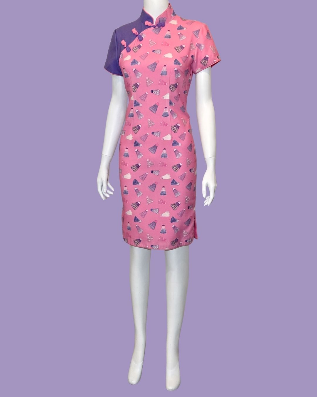 Pink Badminton with Purple Sleeve Panel Cheongsam