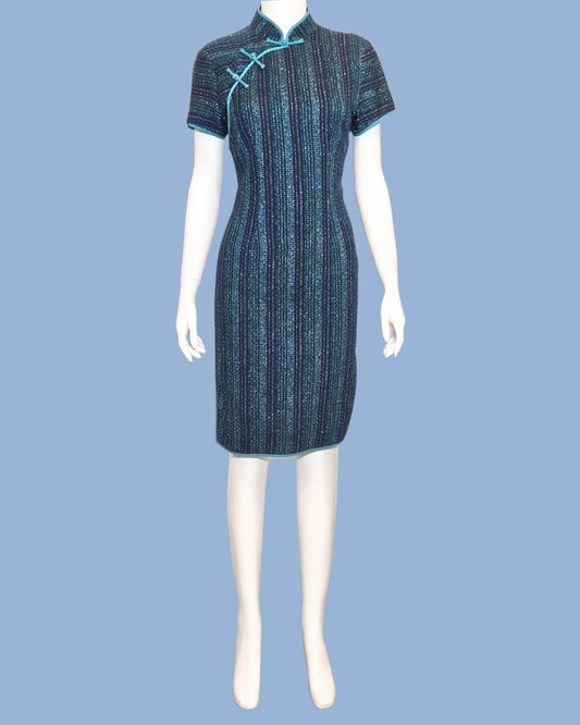 Navy Teal Blue Shimmer Tweed Cheongsam