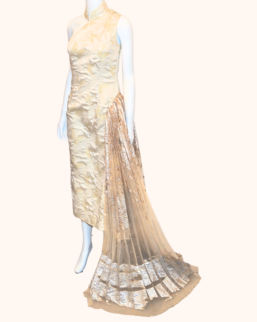 Gold Metallic Asymetric Pleated Cheongsam