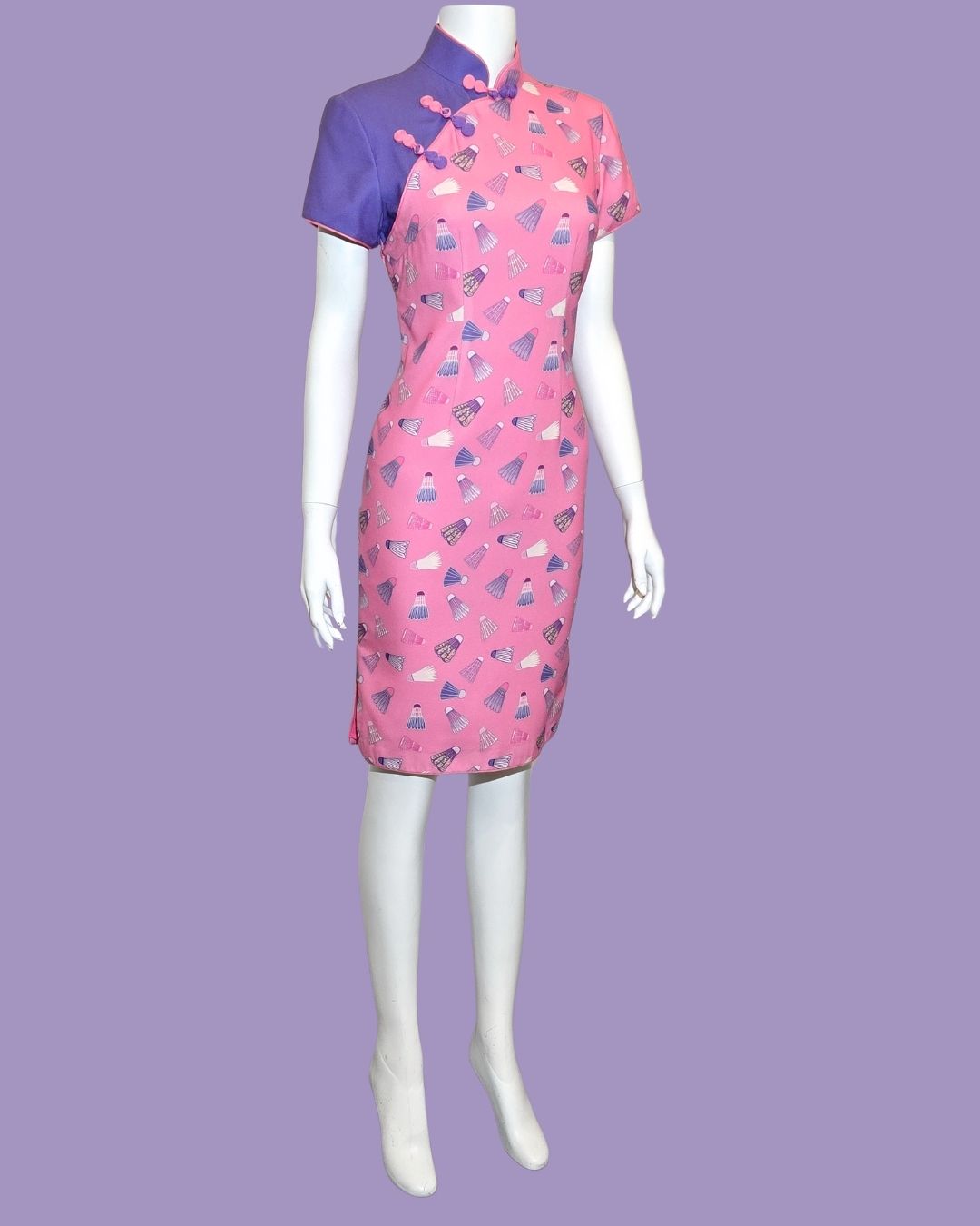 Pink Badminton with Purple Sleeve Panel Cheongsam