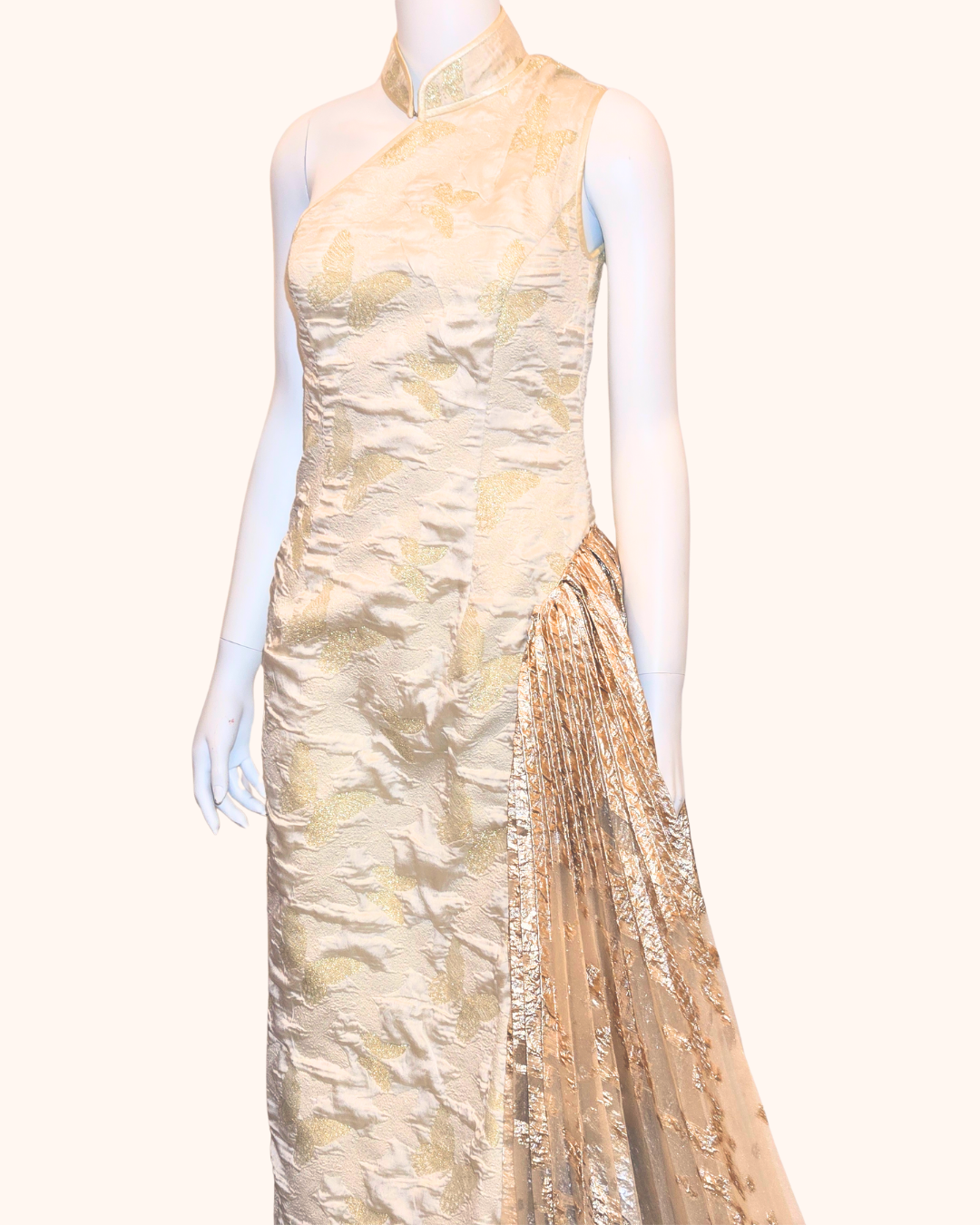 Gold Metallic Asymetric Pleated Cheongsam