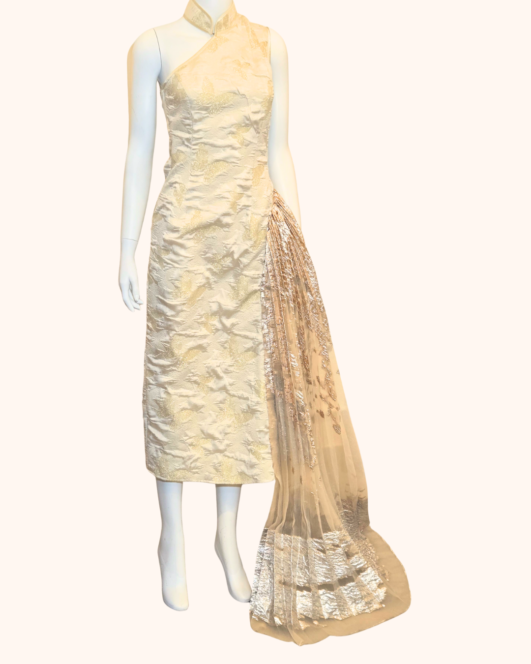 Gold Metallic Asymetric Pleated Cheongsam