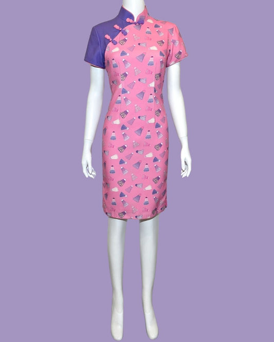 Pink Badminton with Purple Sleeve Panel Cheongsam