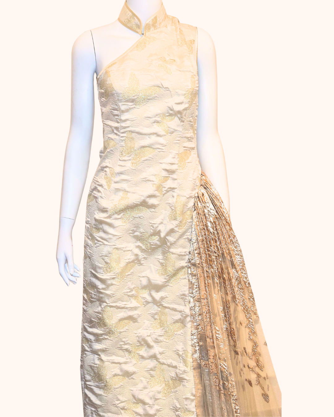 Gold Metallic Asymetric Pleated Cheongsam