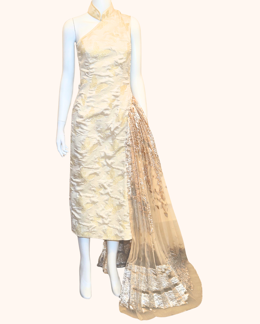 Gold Metallic Asymetric Pleated Cheongsam