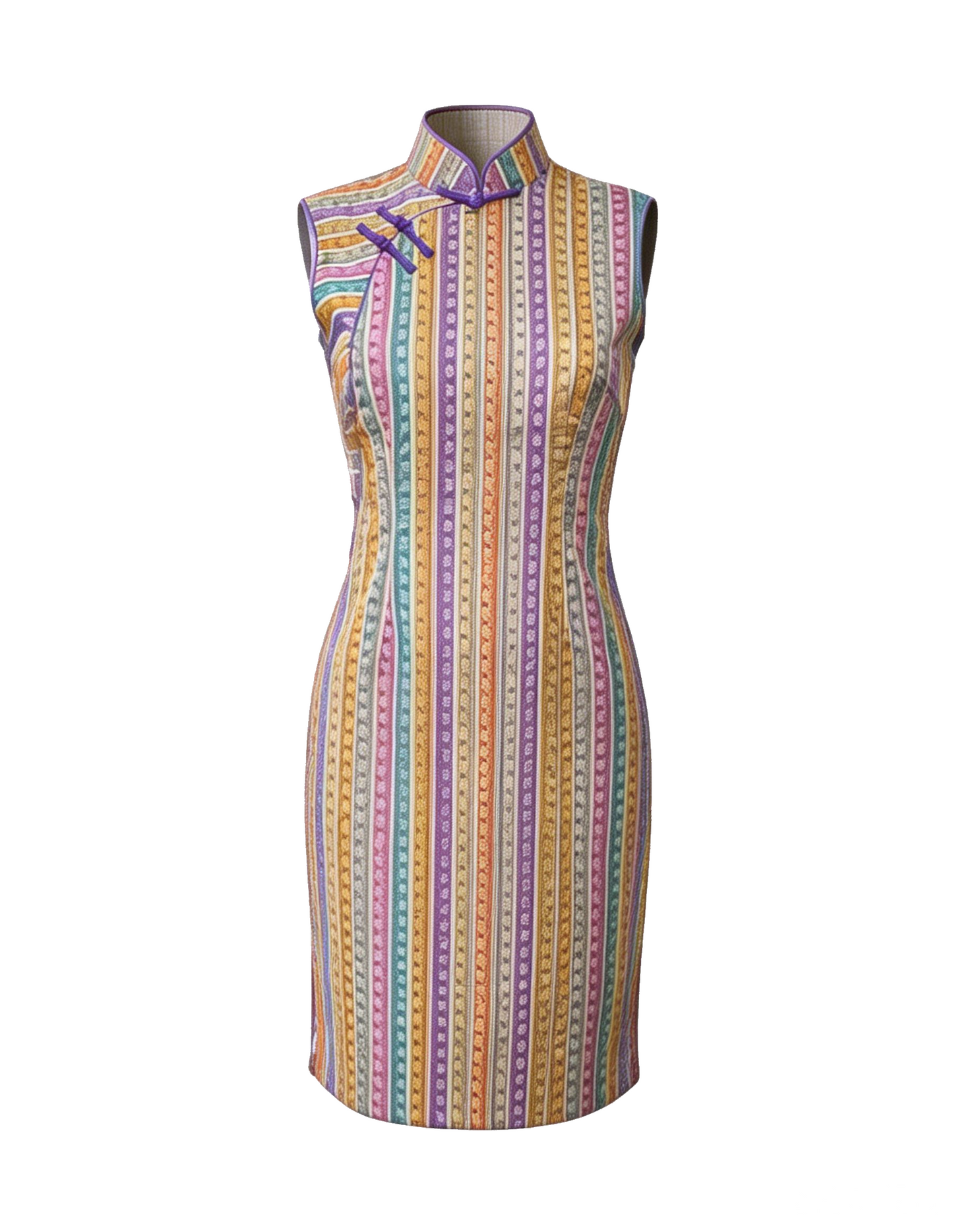 Rainbow Multi-Stripe Ruler Textured Cheongsam