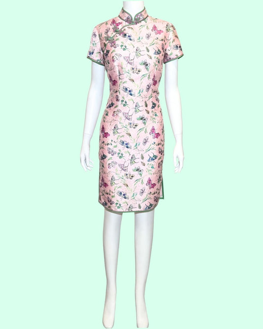 Pink & Green Jacquard Butterfly and Florals Cheongsam
