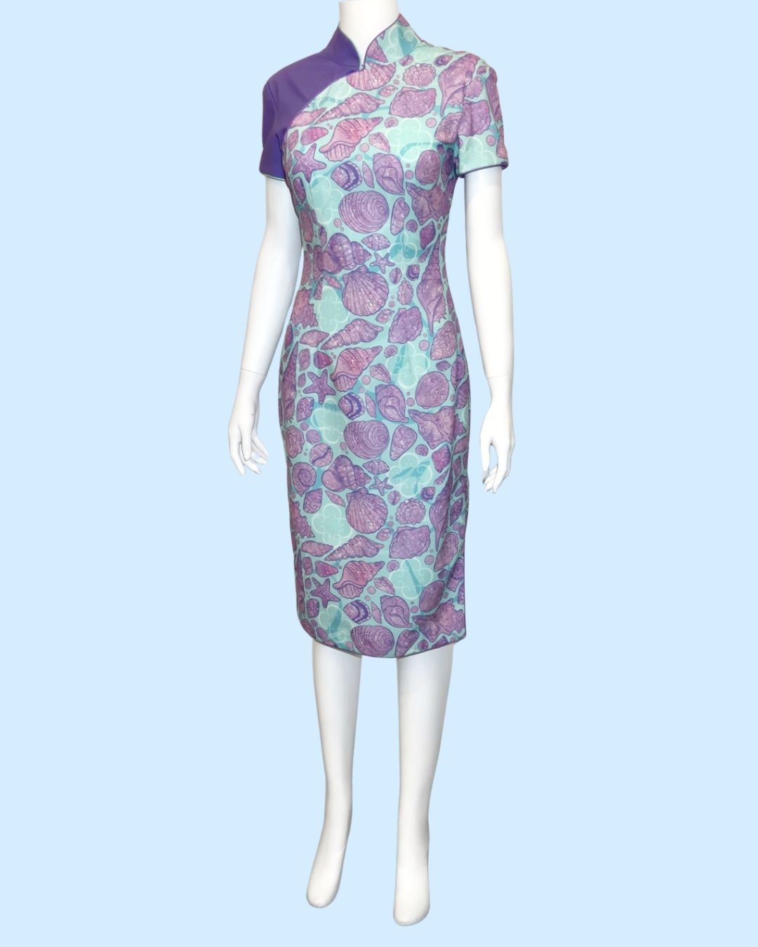 Purple Blue Seashell w/ Back Tulle Ribbon Cheongsam
