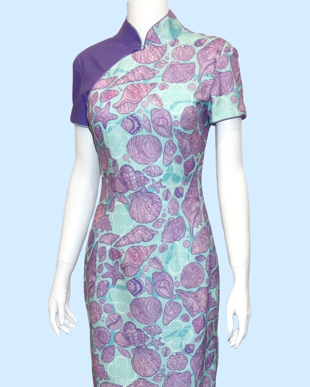 Purple Blue Seashell w/ Back Tulle Ribbon Cheongsam