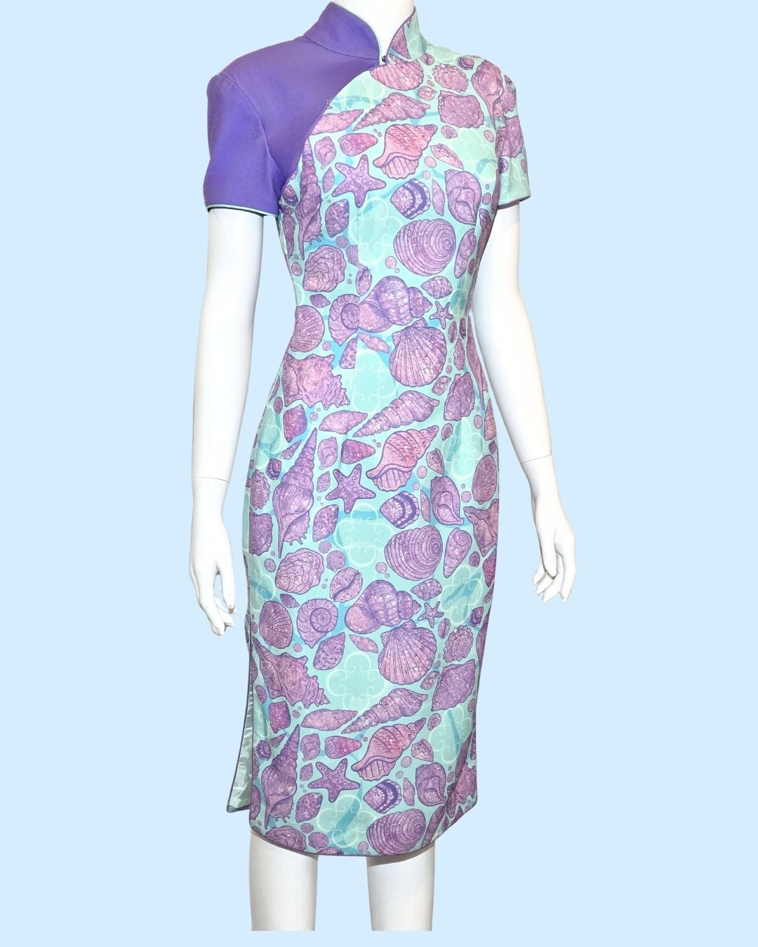 Purple Blue Seashell w/ Back Tulle Ribbon Cheongsam