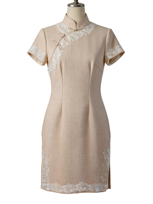 Beige Lace-Trim Cheongsam