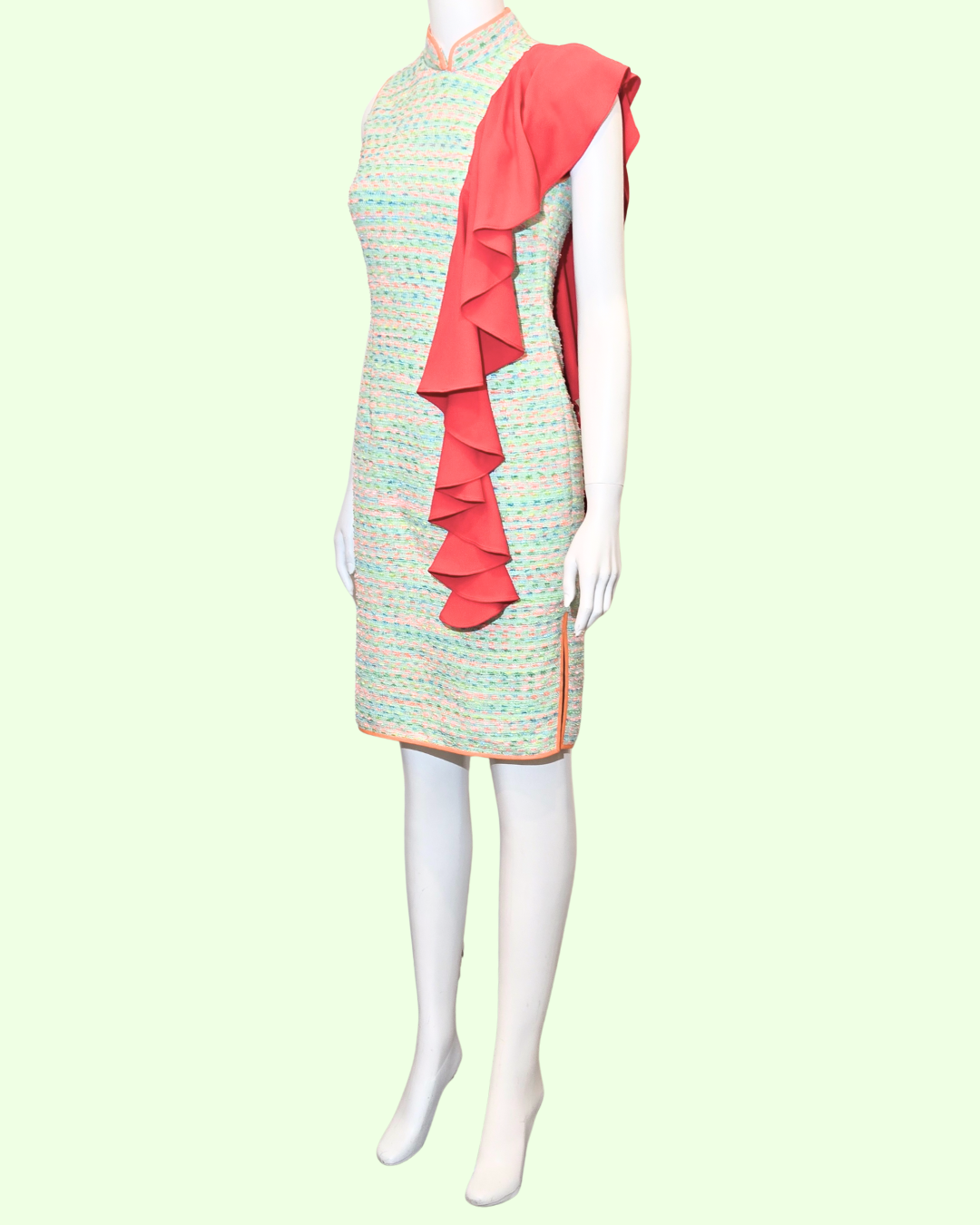 Baby Green Tweed w/ Red Shoulder Flounce Cheongsam