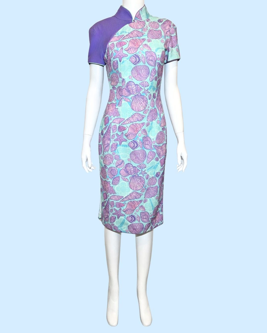 Purple Blue Seashell w/ Back Tulle Ribbon Cheongsam