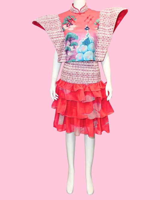 Pink Tweed Power Sleeves Cheongsam + Tiered Ruffled Skirt (Set)