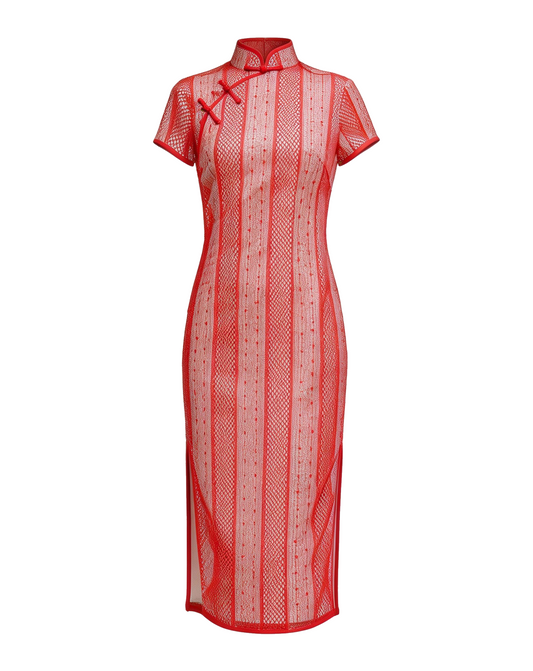 Crimson Net-Overlay Cheongsam