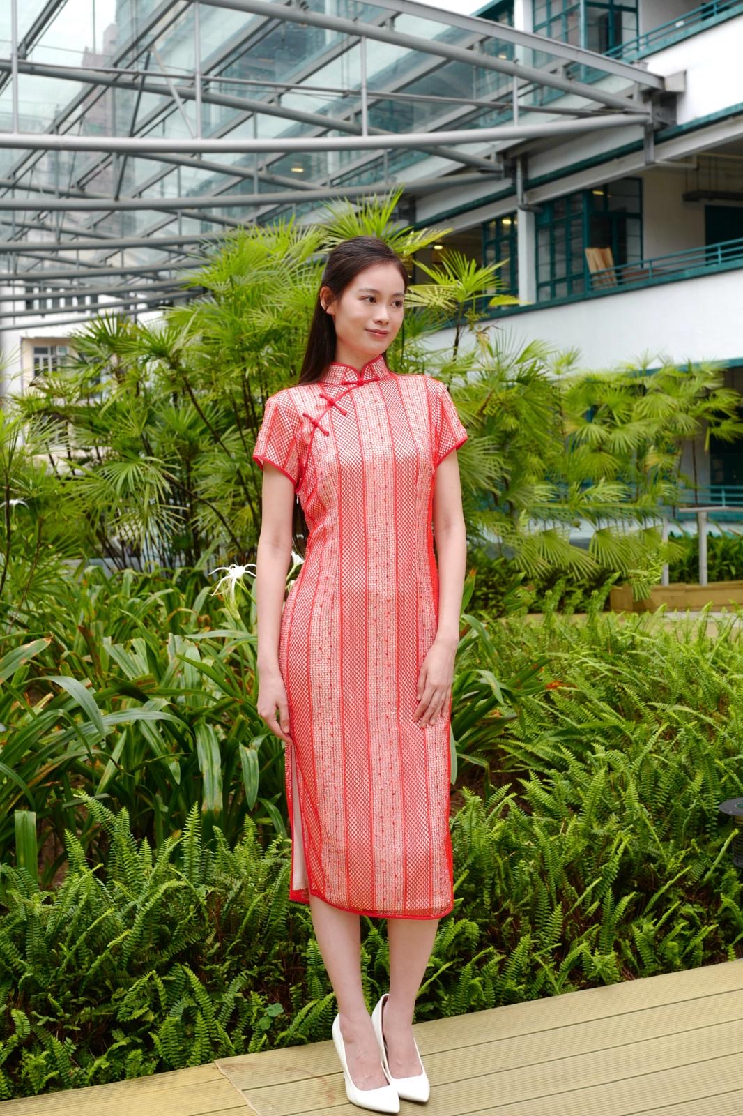 Crimson Net-Overlay Cheongsam