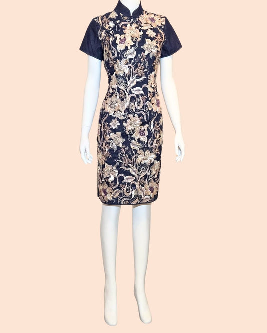 Denim w/ Flower Embroidery Cheongsam