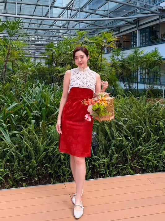 Lace Capelet & Red Jacquard Cheongsam Dress Set