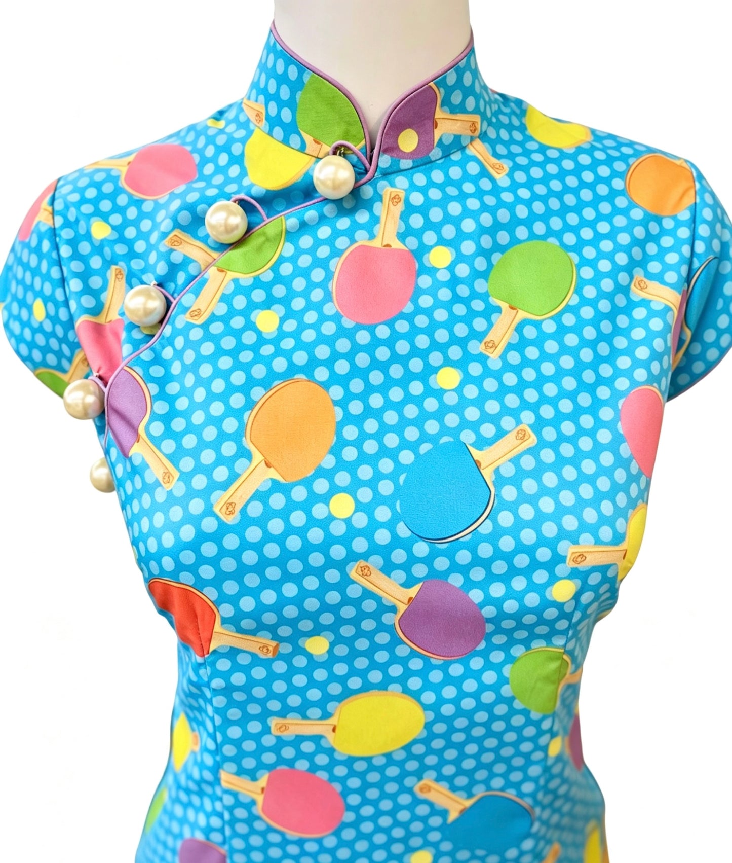 Blue Ping Pong Print Cap Sleeve Cheongsam