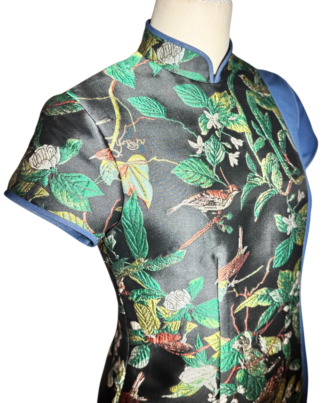 Bird and Floral Jacquard Contrast Denim Cheongsam