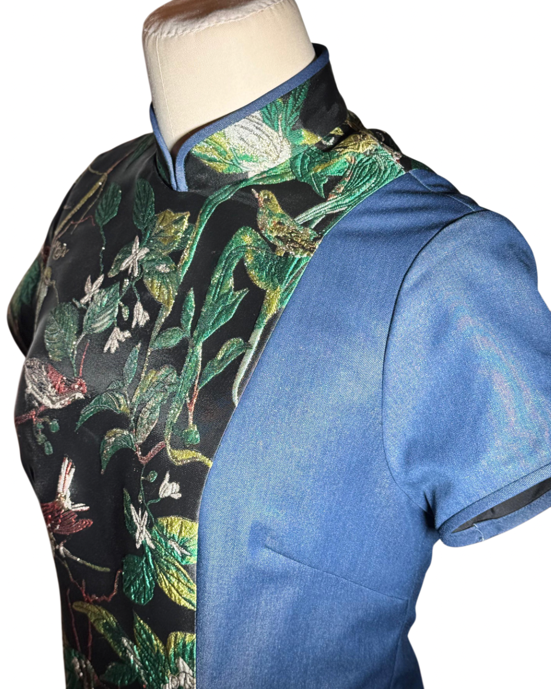 Bird and Floral Jacquard Contrast Denim Cheongsam