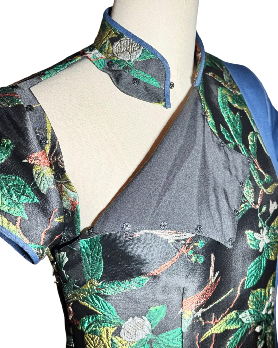 Bird and Floral Jacquard Contrast Denim Cheongsam