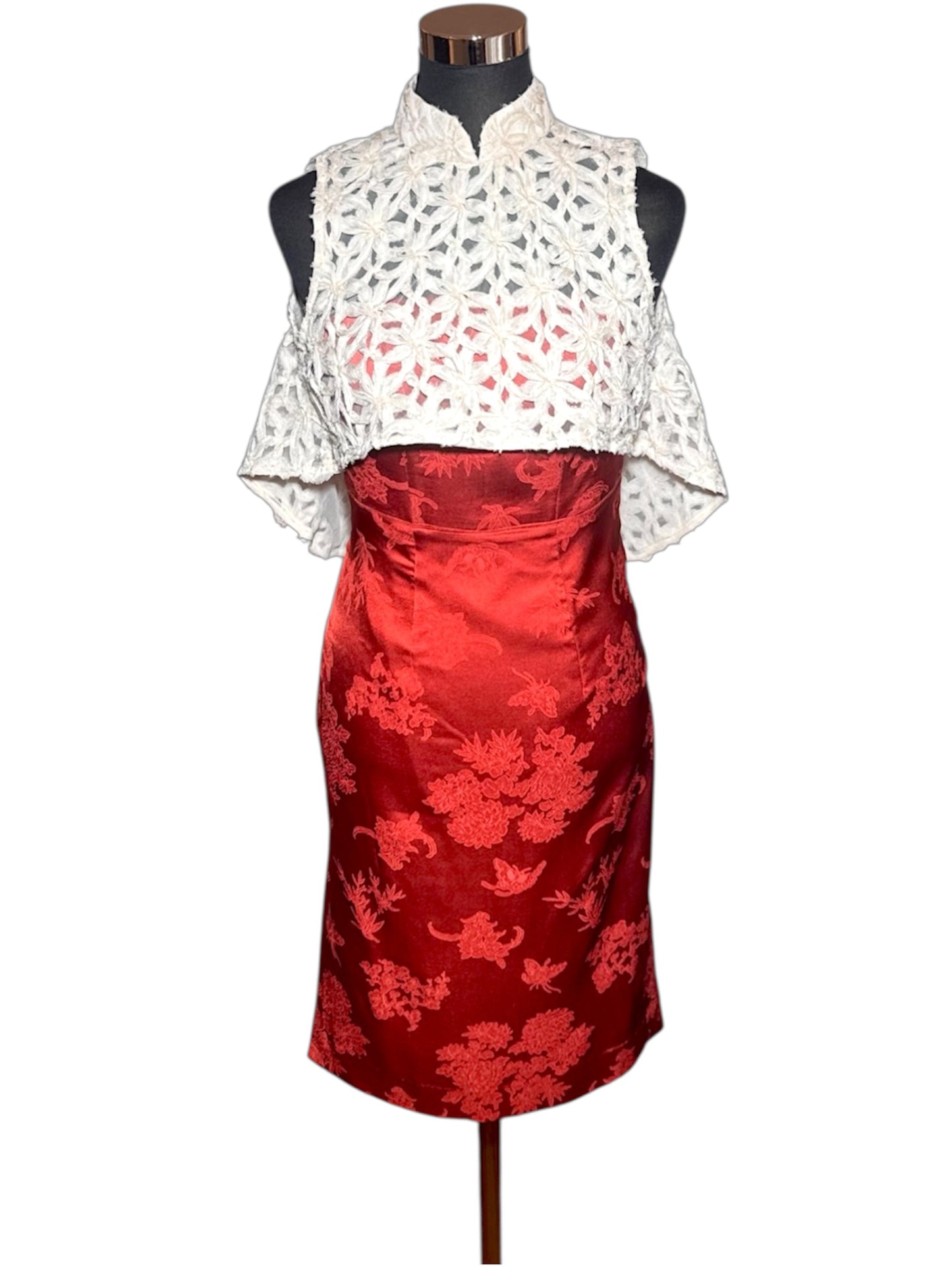 Lace Capelet & Red Jacquard Cheongsam Dress Set