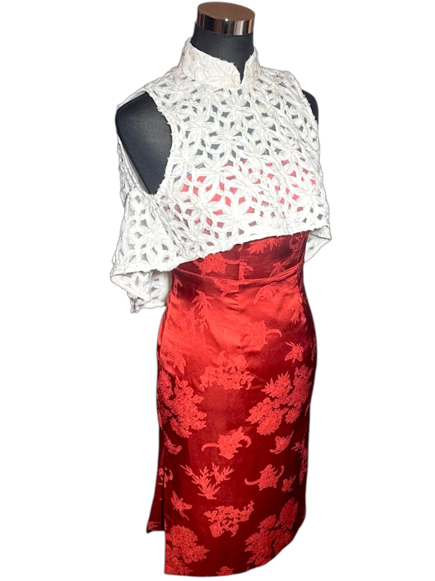 Lace Capelet & Red Jacquard Cheongsam Dress Set